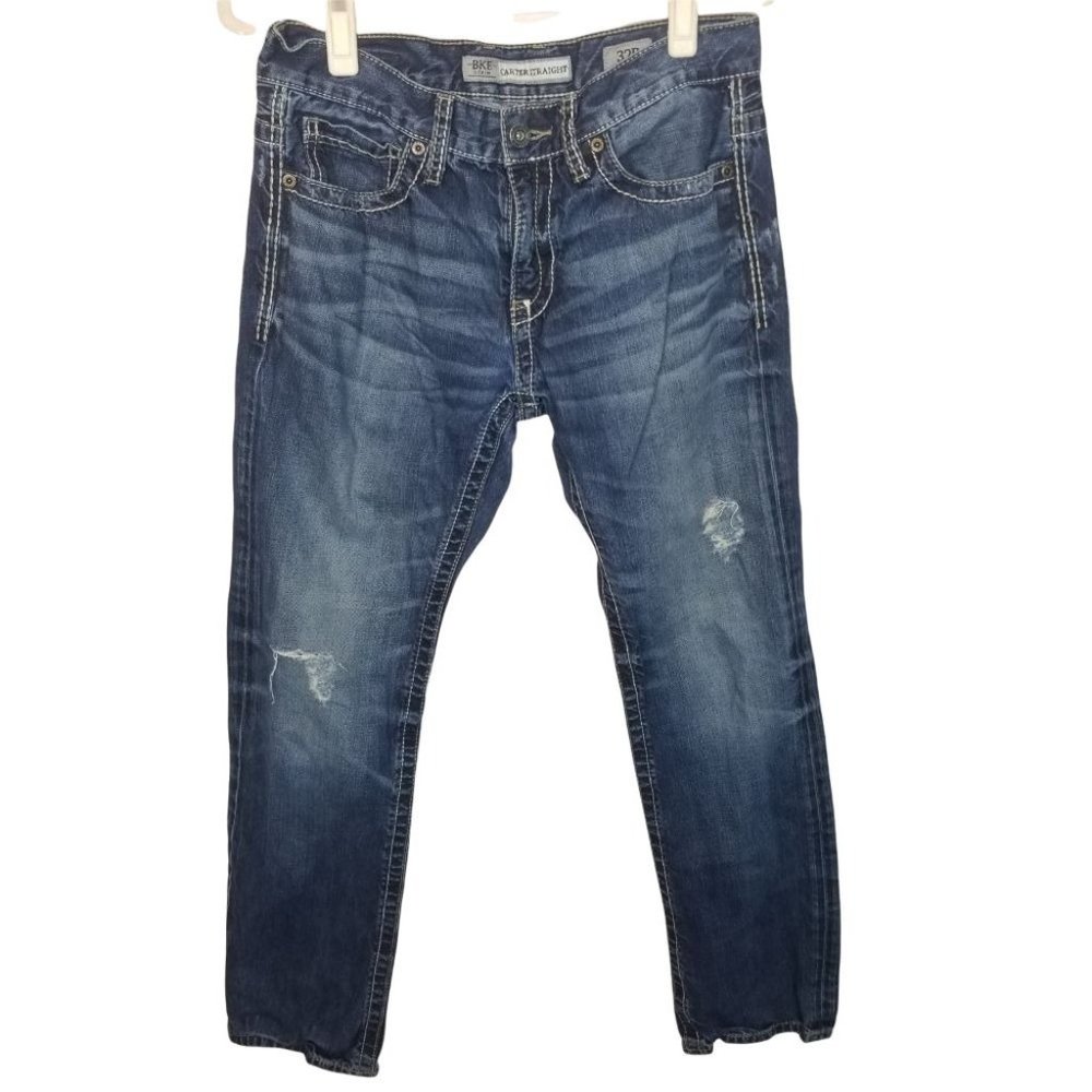 BKE Denim Mens 32R Blue Dark Wash Carter Straight Jeans Distressed Casual Pants